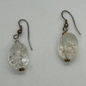 Natural Crystal Dangle Earrings Silvertone Hooks & Bead Accents 1.75 inches